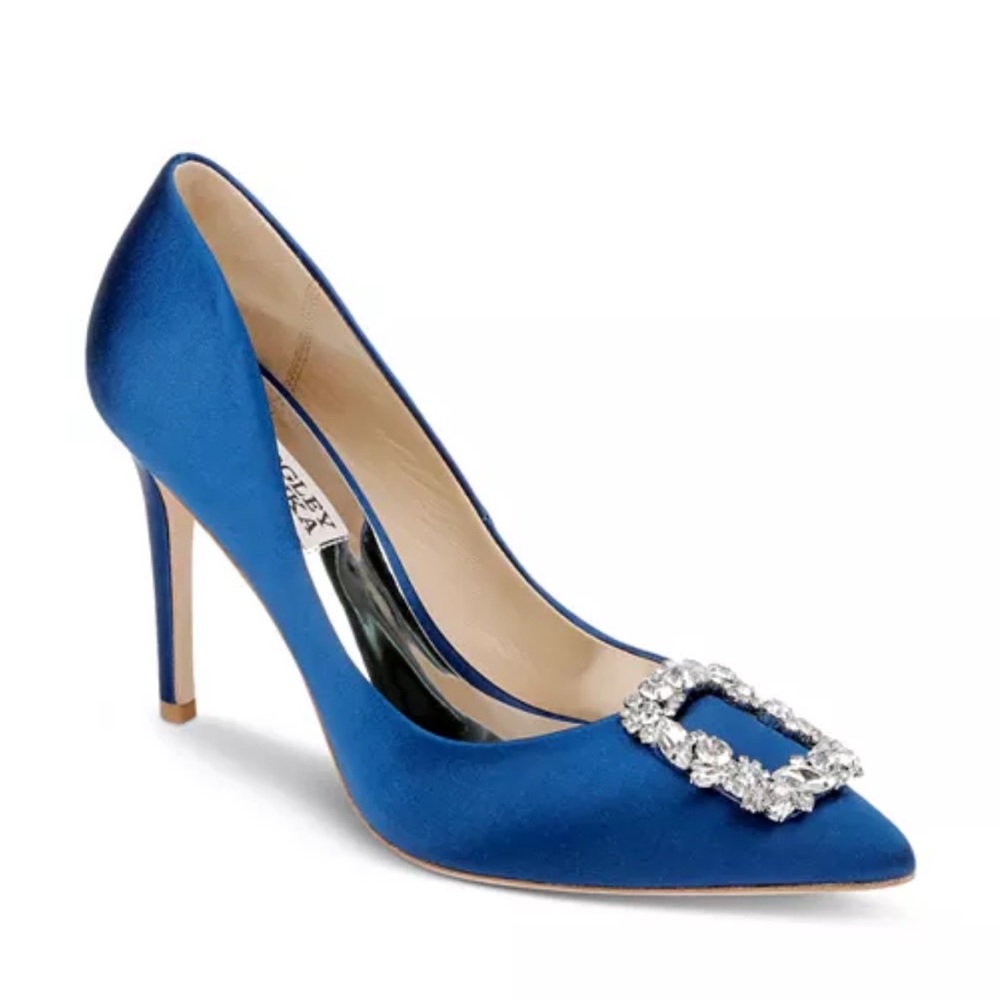 Badgley Mischka Royal Blue Satin Crystal Embellished Pointed-Toe Pumps